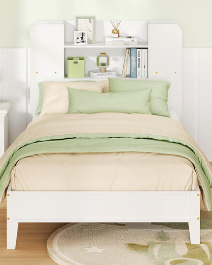Giantex Twin Bed Frames for Kids, Wooden Twin Size Bed with Storage Bookcase Headboard