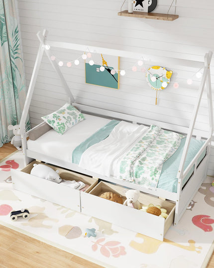 Giantex Twin Bed with 2 Storage Drawers, Wood Montessori House Tent Bed Frame with Safety Guardrail