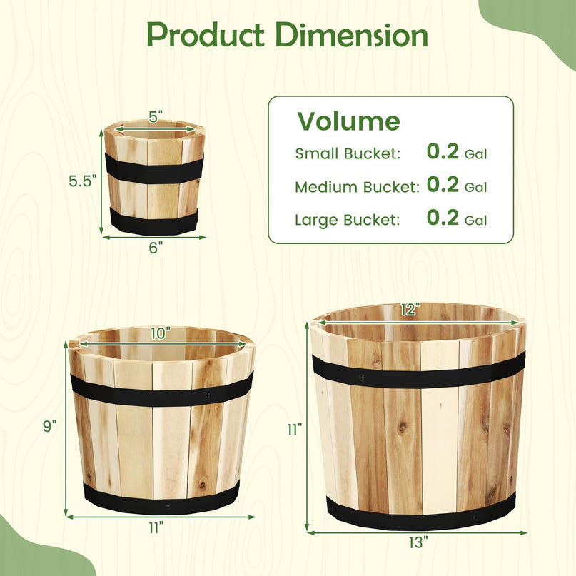 Giantex Set of 3 Barrel Planters Outdoor Acacia Wood Raised Garden Bed