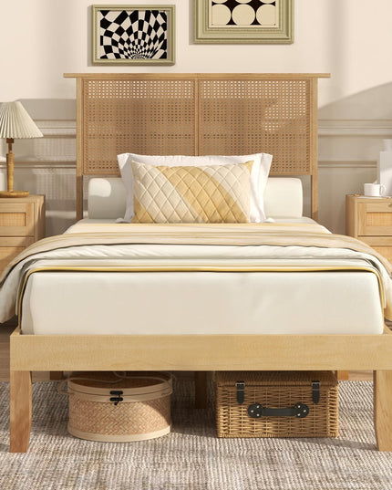 Giantex Bed Frames with Rattan Headboard, Boho Solid Wood Platform Bed with Wooden Slats