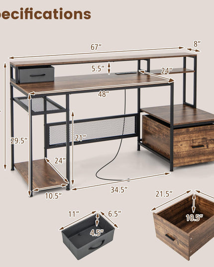 Giantex 67" Computer Desk with File Drawers Cabinet, Home Office Desk with Monitor Stand