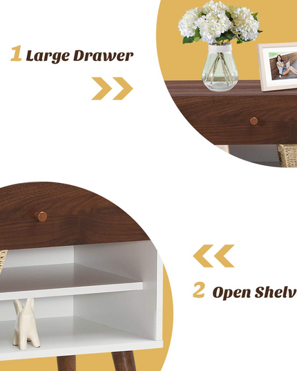 Nightstand with Drawer and Storage Shelves & Rubber Wood Legs, Brown&White