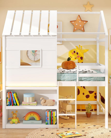 Giantex Twin Size Loft Bed with LED Lights Roof Window & Storage Bookshelf