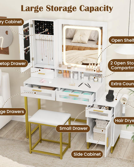 CHARMAID Vanity Desk with Mirror and Lights, White Makeup Vanity Desk with Jewelry Organizer