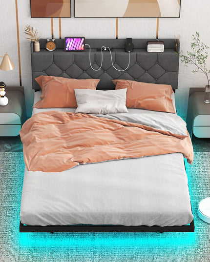 Giantex Floating Bed Frame with LED Lights, Modern Platform Bed with Adjustable Upholstered Headboard & Charging Station