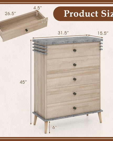 Giantex 5-Drawer Storage Cabinet with Rubber Wood Legs and Anti-Tipping Kit