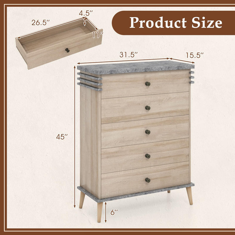 Giantex 5-Drawer Storage Cabinet with Rubber Wood Legs and Anti-Tipping Kit