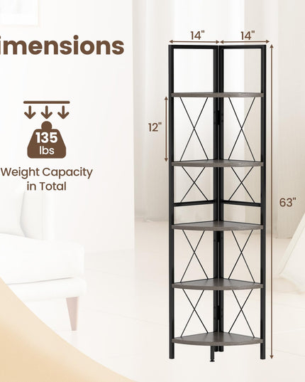 Giantex 5-Tier Corner Shelf, 63" Tall Corner Bookshelf, Freestanding Storage Rack w/Metal Frame