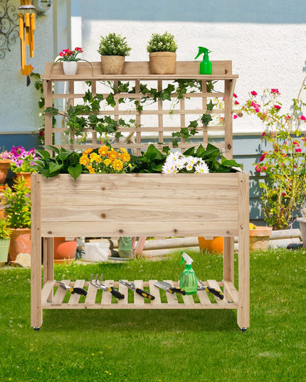 Giantex Raised Garden Bed on Wheels, Wood Planter with Trellis, Black Liner Storage Shelf