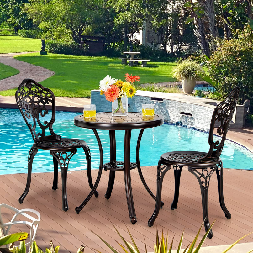 Giantex 3 Piece Patio Bistro Set, Cast Aluminum Patio Table and Chairs with Adjustable Feet(Red Copper)