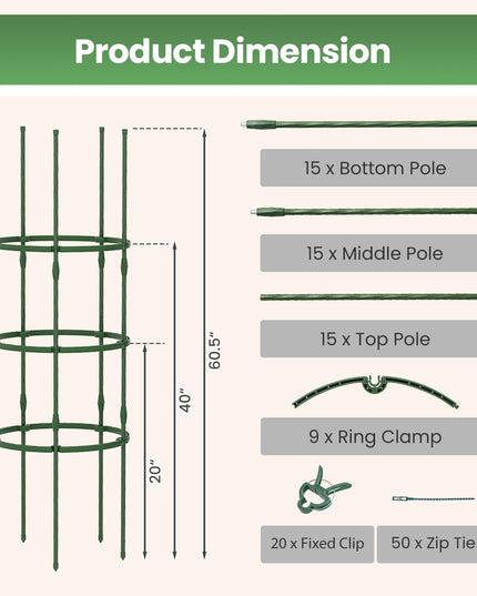 Giantex 3-Pack Tomato Cages 60.5”Hx20” PE-Coated Metal Plant Cages & Supports