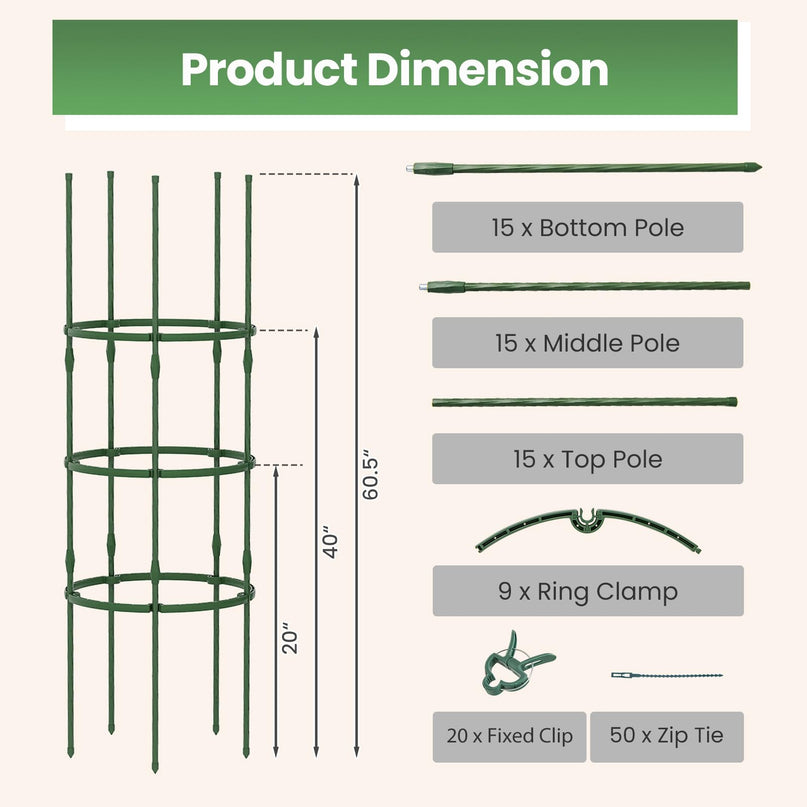 Giantex 3-Pack Tomato Cages 60.5”Hx20” PE-Coated Metal Plant Cages & Supports