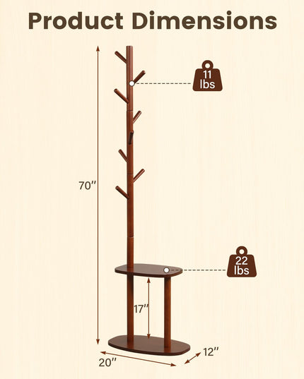 Giantex Coat Rack Freestanding | 70" Solid Wood Clothing Rack with 8 Hooks and 2 Storage Shelves