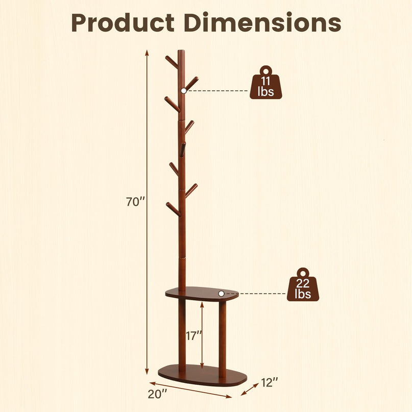 Giantex Coat Rack Freestanding | 70" Solid Wood Clothing Rack with 8 Hooks and 2 Storage Shelves