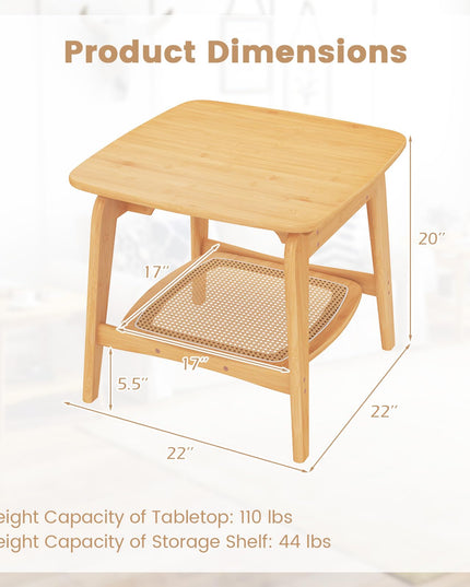 Giantex Rattan Side Table, Boho End Table with Storage Shelf, 2-Tier Bedside Table for Small Spaces