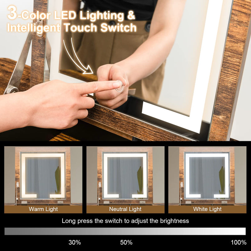 CHARMAID Vanity Desk with 3-Color Lighted Flip Top Mirror