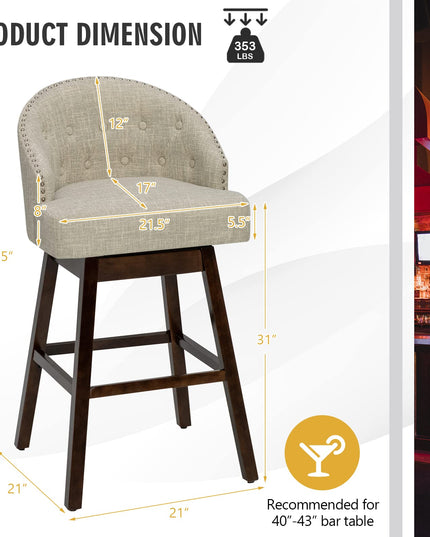 Bar Stools Set of 2, 31’’ Swivel Bar Stools with Rubber Wood Legs & Padded Back