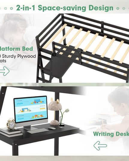 Giantex Twin Size Loft Bed with Desk, Solid Wood Loft Bed with 2 Ladders & Full Length Guardrail