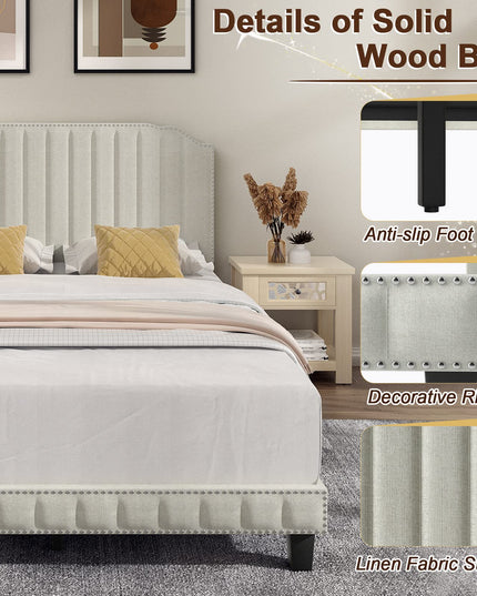 Giantex Upholstered Bed Frame, Linen Platform Bed w/Rivet Headboard, Heavy Duty Mattress Foundation
