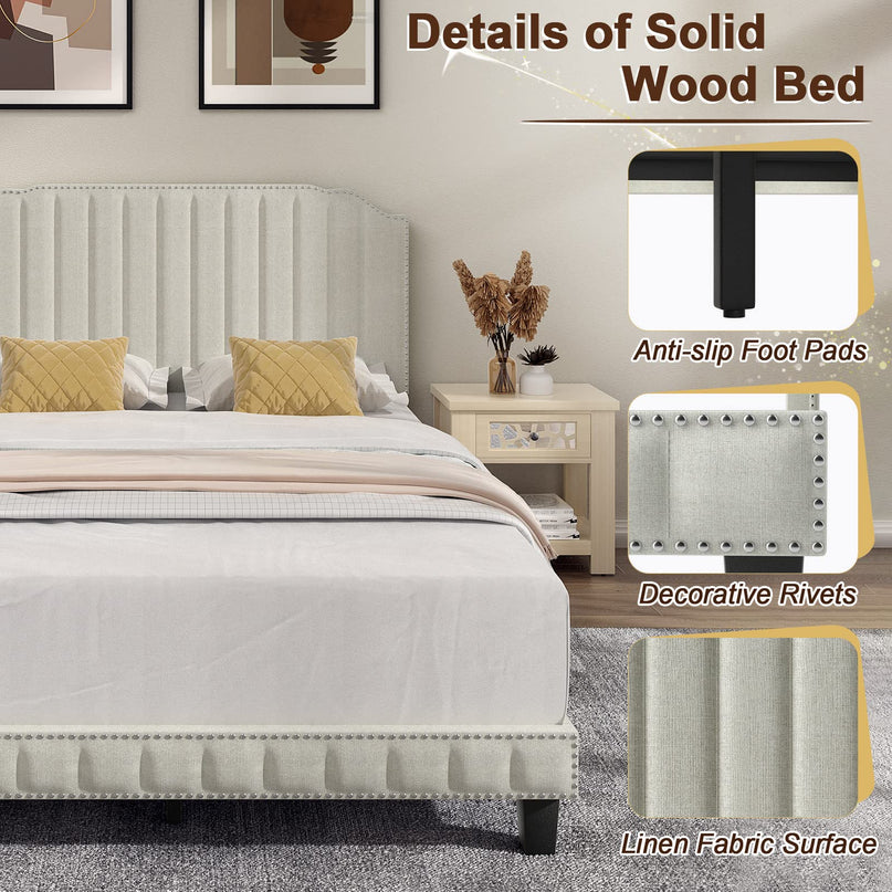Giantex Upholstered Bed Frame, Linen Platform Bed w/Rivet Headboard, Heavy Duty Mattress Foundation