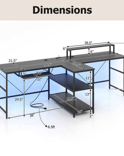 Giantex 94.5” 2 Person Desk with LED Lights, Long PC Study Desk with Storage Shelves, Power Outlets