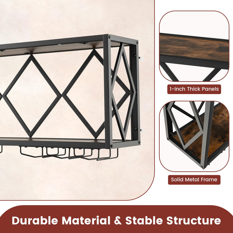 Giantex Wall Mounted Wine Rack, Wine Display Shelf w/Wine Bottle Rack & 6 Rows of Stemware Holder