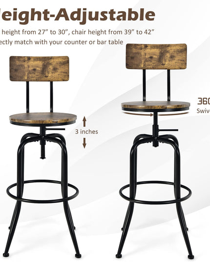 Industrial Bar Stool, Vintage Adjustable Swivel Counter Height Kitchen Dining Chair with Arc-Shaped Backrest