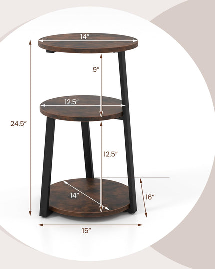 Giantex Round End Table, Industrial Side Table with Sturdy Metal Frame, Coffee Table, 3-Tier Bedside Table for Bedroom, Living Room