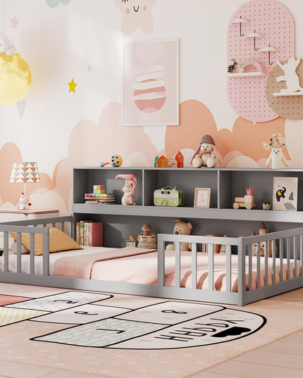 Giantex Twin Floor Bed with Bookcase for Kids