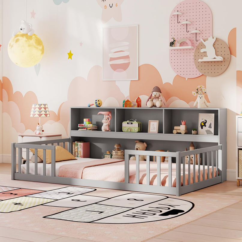 Giantex Twin Floor Bed with Bookcase for Kids