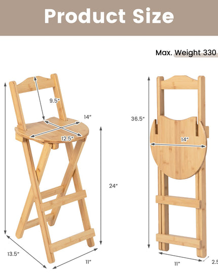 Folding Bamboo Bar Stools 24” Kitchen Counter Height Stool with Backrest & Footrest