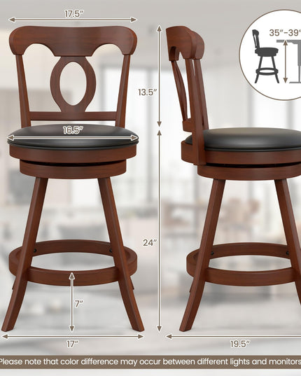 Giantex Swivel Bar Stools Set of 2, 24" Counter Height Barstools with Back, Solid Rubber Wood Frame