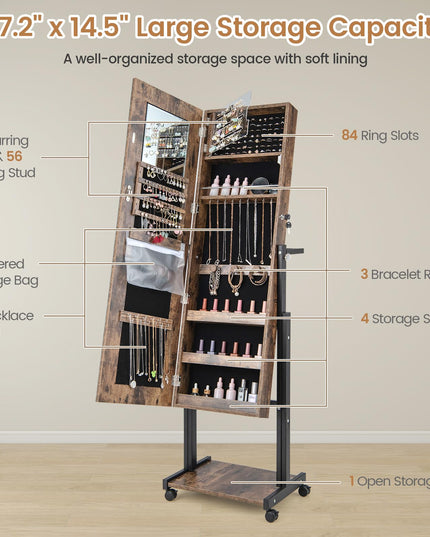CHARMAID Jewelry Cabinet Armoire with LED Full Length Mirror, 3 Adjustable Heights, up to 69 inches