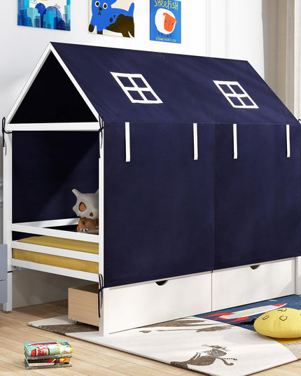 Giantex Twin House Bed with Tent, Wood Kids Bed with 2 Storage Drawers, Solid Wood Daybed Frame with Rails and Roof