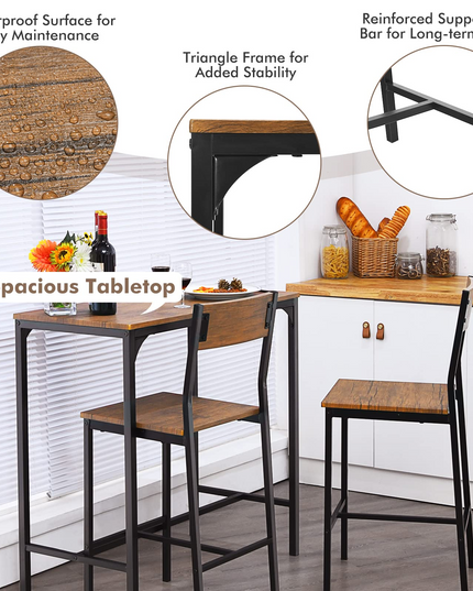 Giantex 3 Piece Pub Table Set, Bar Table and Chairs Set of 2, Rustic Brown
