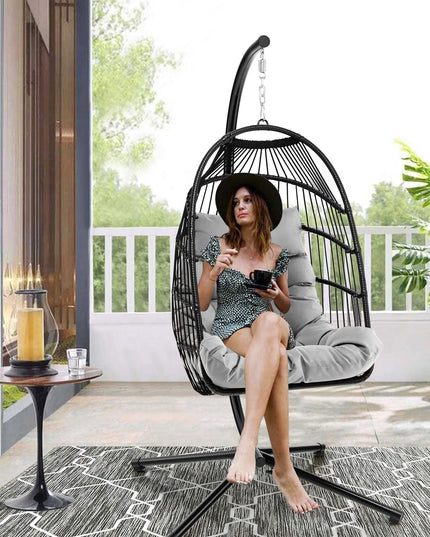 Giantex Egg Chair with Stand, Hanging Basket Chair Hammock Chair w/ Steel Stand Pillow Seat Cushion Rattan Basket & Dust Cover