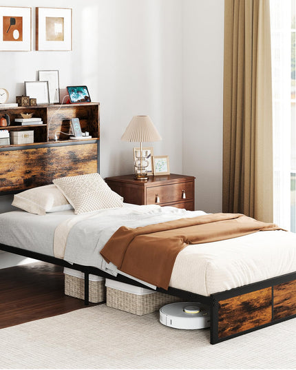 Giantex Bed Frame with Storage Headboard and Charging Station, Industrial Metal Platform Bed