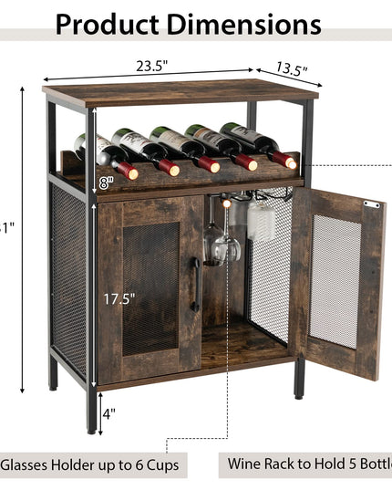 Giantex Wine Bar Cabinet, Industrial Liquor Cabinet with Glass Holder, Removable Wine Rack (Rustic Brown & Black)
