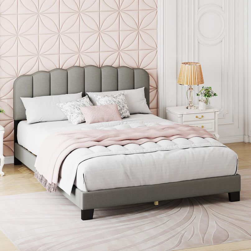 Giantex Queen Bed Frame with Adjustable Scalloped Tufted Headboard