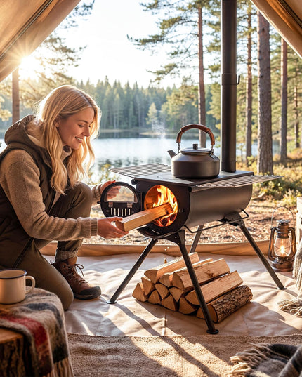 Giantex Hot Tent Stove Portable Wood Burning Stove w/ 5 Chimney Pipes