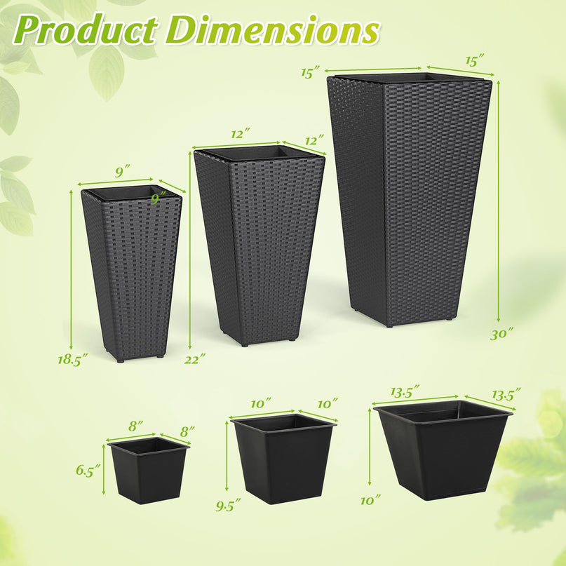 Giantex Lot de 3 jardinières hautes | Jardinières coniques en rotin de 76,2 cm, 55,9 cm et 47 cm de haut avec bacs intérieurs amovibles