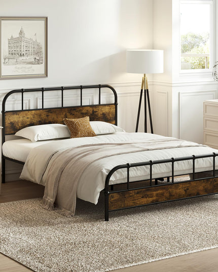 Giantex Queen Size Metal Bed Frame with Wood Headboard, Industrial Platform Bed Frame with Heavy Duty Metal Slat