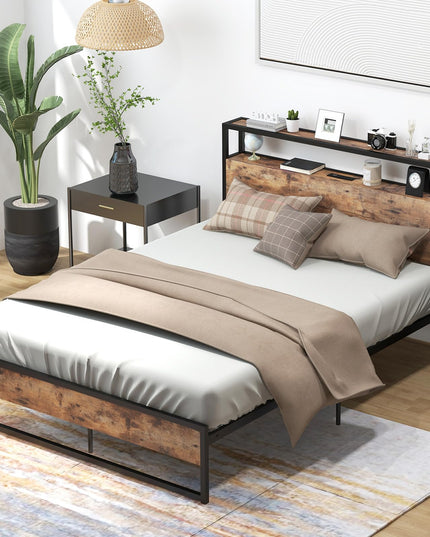 Giantex Full Bed Frame with Storage Headboard and Charging Station, with Outlets and USB Ports