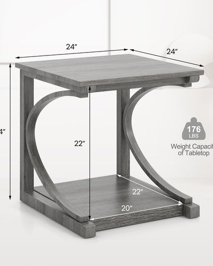 Giantex C-Shaped End Table, 24" Square Couch Table with Bottom Storage Shelf & Solid Rubber Wood Frame