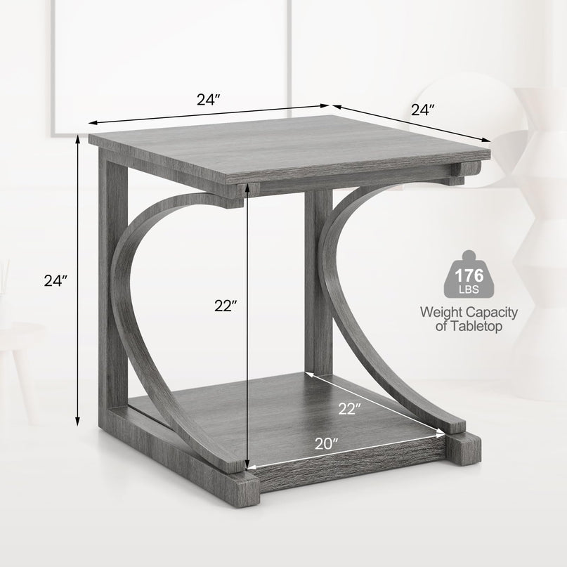 Giantex C-Shaped End Table, 24" Square Couch Table with Bottom Storage Shelf & Solid Rubber Wood Frame