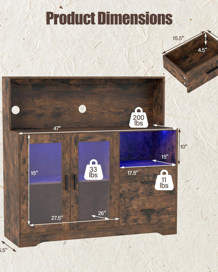 GIANTEX Wine Bar Cabinet with LED Lights & Charging Station