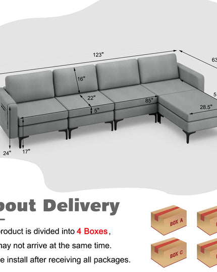 Giantex 4 Seat Convertible Sofa Couch, 123" L Sectional Sleeper with 2 or 1 USB Ports Socket
