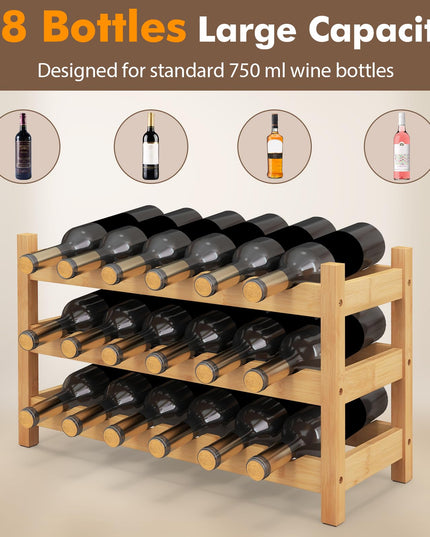Giantex Bamboo Wine Rack, 3 Tier 18 Bottle Wine Storage Cabinet Shelf, Small Wine Rack Bottle Organizer Freestanding Counter