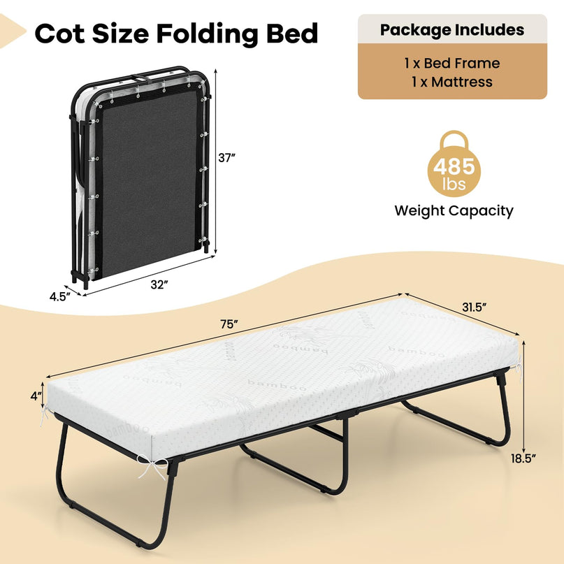 Giantex 75" x 31" Rollaway Guest Bed with Memory Foam & Heavy-Duty Metal Frame