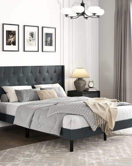 Giantex Queen Size Upholstered Bed Frame with Button Tufted Wingback Headboard